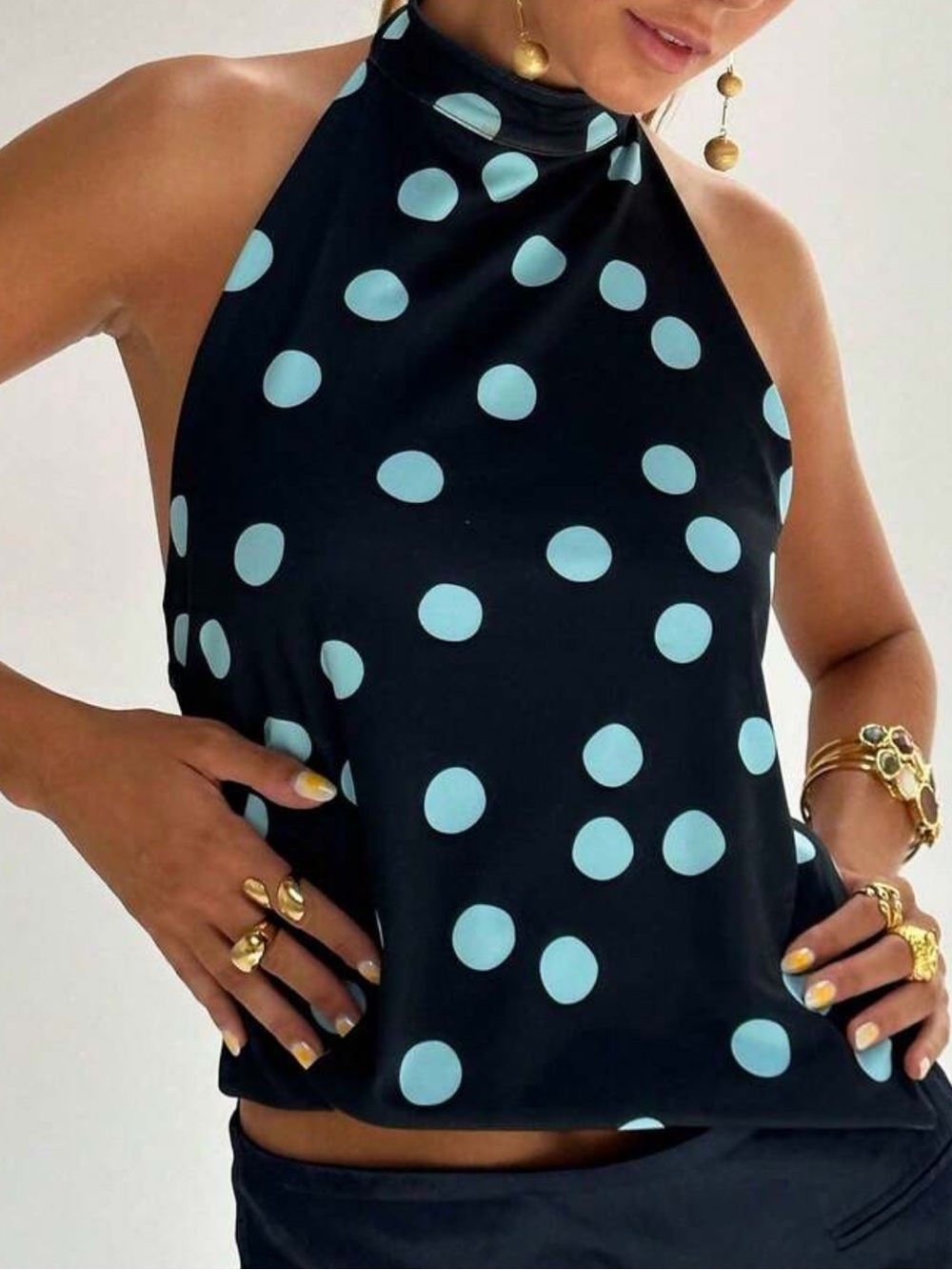 Navy Halter Neck Top with Light Blue Polka Dots